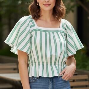 Ann Taylor Square Neck Cinched Waist Green White Striped Top Blouse Size M
